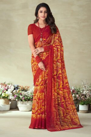 Attractive Maroon Color Chiffon Fabric Printed Casual Saree With Fancy Blouse