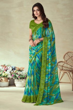 Pretty Cyan Color Chiffon Fabric Printed Casual Saree With Fancy Blouse