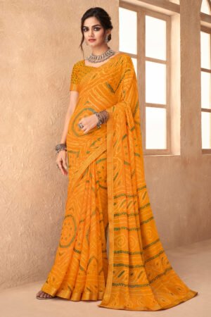 Yellow Chiffon Fabric Bandhani Print Attached Banarasi Border Saree