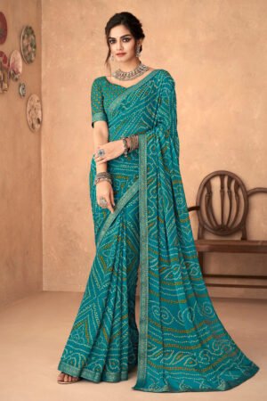 Teal Chiffon Fabric Bandhani Print Attached Banarasi Border Saree