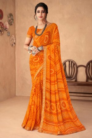 Chiffon Fabric Bandhani Print Attached Banarasi Border Saree In Orange Color