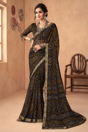 Chiffon Fabric Bandhani Print Attached Banarasi Border Saree In Black Color
