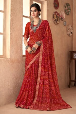 Chiffon Fabric Bandhani Print Attached Banarasi Border Saree In Red Color