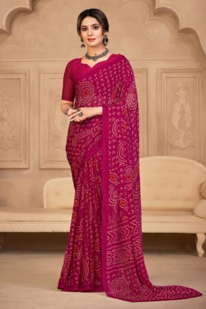 Alluring Magenta Color Chiffon Fabric Bandhani Print Saree With Glamorous Blouse