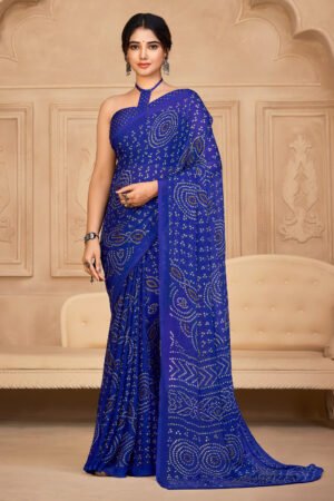 Graceful Blue Color Chiffon Fabric Bandhani Print Saree With Glamorous Blouse