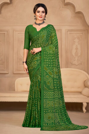 Magnificent Green Color Chiffon Fabric Bandhani Print Saree With Glamorous Blouse