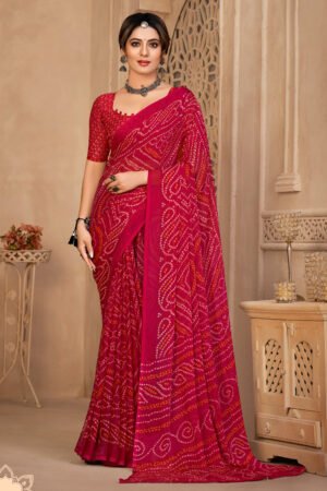 Appealing Rani Color Chiffon Fabric Bandhani Print Saree With Stylish Blouse