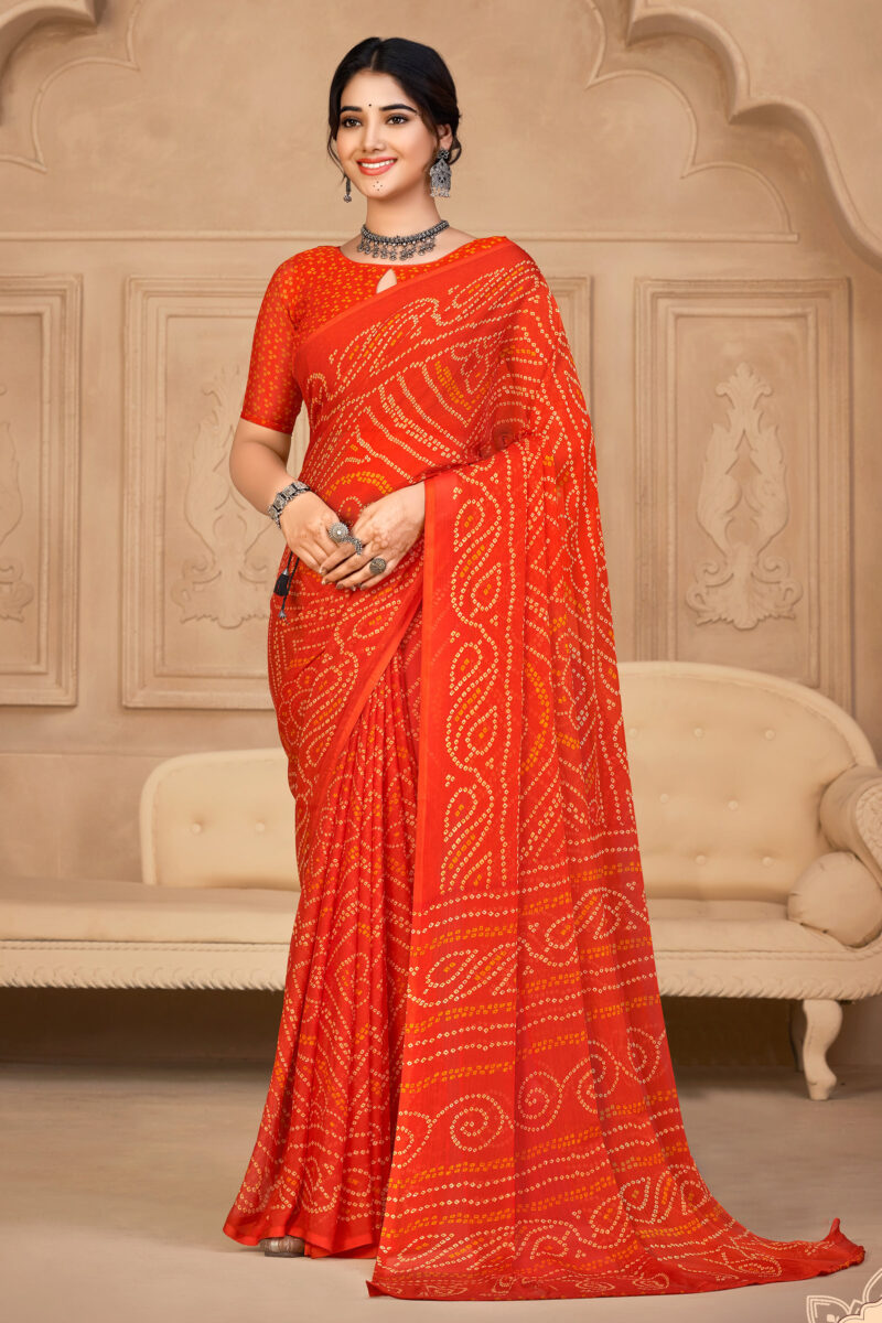 Fetching Orange Color Chiffon Fabric Bandhani Print Saree With Stylish Blouse