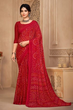 Stunning Red Color Chiffon Fabric Bandhani Print Saree With Stylish Blouse