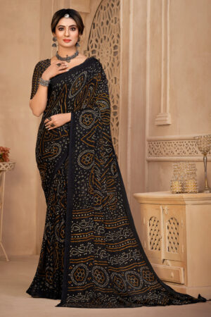 Lovely Black Color Chiffon Fabric Bandhani Print Saree With Stylish Blouse