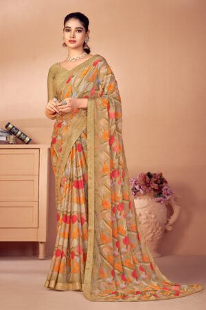 Fetching Brown Color Chiffon Fabric Simple Printed Casual Saree