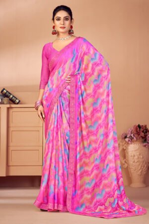 Striking Pink Color Chiffon Fabric Simple Printed Casual Saree