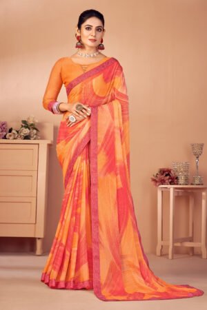 Pretty Orange Color Chiffon Fabric Simple Printed Casual Saree