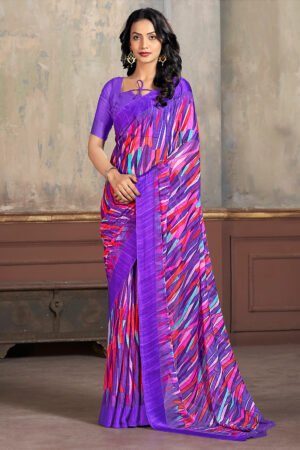 Graceful Purple Color Chiffon Fabric Printed Saree