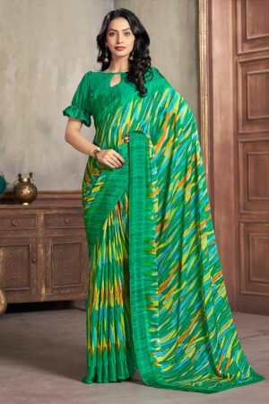 Magnificent Green Color Chiffon Fabric Printed Saree