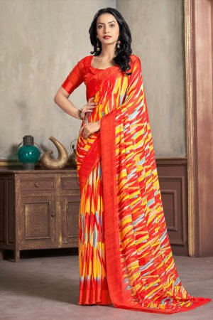 Artistic Red Color Chiffon Fabric Printed Saree
