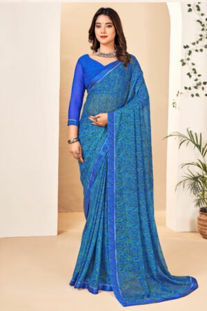 Attractive Blue Color Chiffon Fabric Printed Uniform Saree
