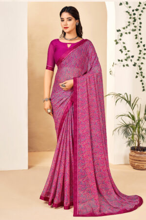 Appealing Magenta Color Chiffon Fabric Printed Uniform Saree