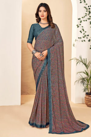 Gorgeous Grey Color Chiffon Fabric Printed Uniform Saree