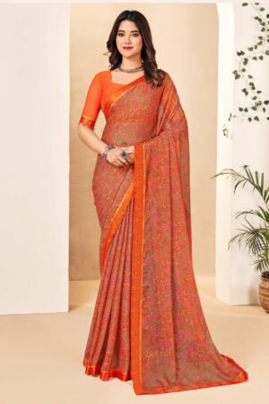 Splendiferous Orange Color Chiffon Fabric Printed Uniform Saree