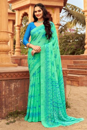 Chiffon Printed Saree In Sea Green Color
