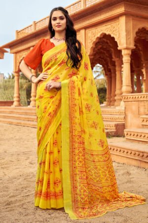 Yellow Color Printed Fancy Chiffon Saree