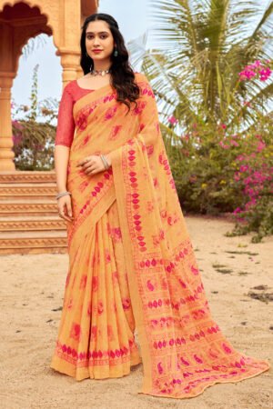 Orange Chiffon Fancy Printed Saree