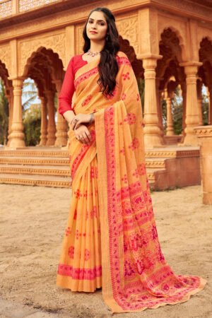 Delightful Orange Printed Chiffon Saree