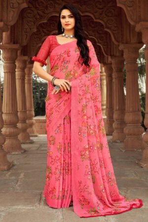 Adorable Pink Color Casual Chiffon Printed Design Saree