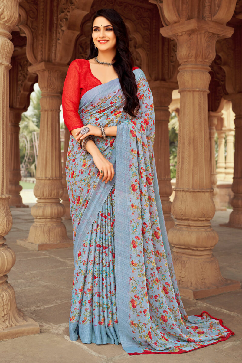 Grey Chiffon Printed Saree