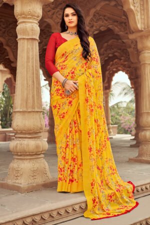 Yellow Exclusive Printed Chiffon Sarees