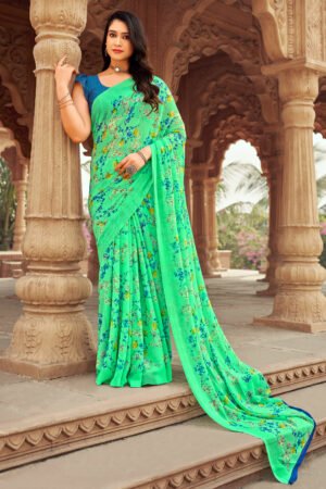 Sea Green Color Printed Daily Wear Chiffon Saree