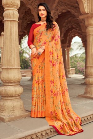 Delightful Orange Printed Chiffon Casual Saree