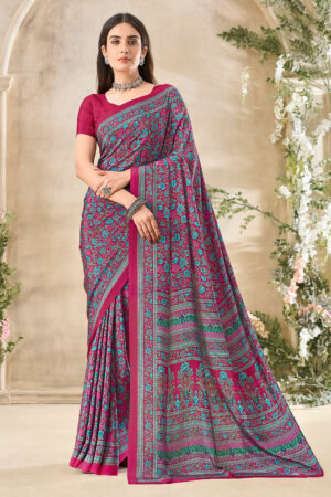 Splendiferous Magenta Floral Print Silk Crepe Uniform Saree
