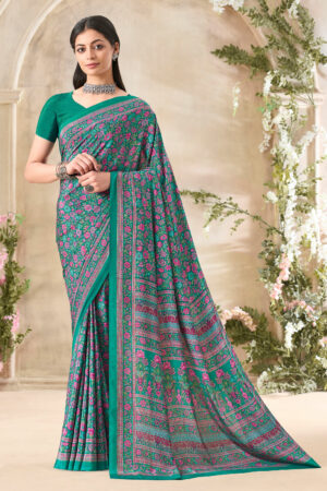Majestic Dark Green Floral Print Silk Crepe Uniform Saree