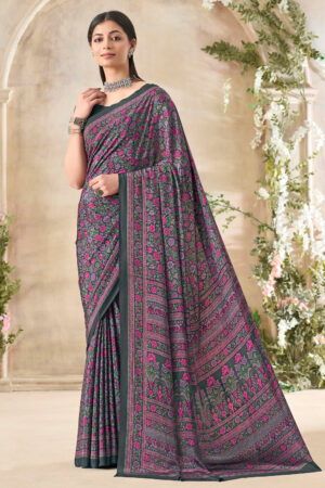 Glamorous Grey Floral Print Silk Crepe Uniform Saree
