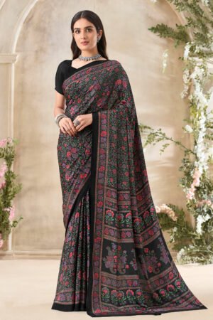Alluring Black Floral Print Silk Crepe Uniform Saree