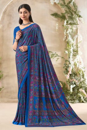 Graceful Blue Floral Print Silk Crepe Uniform Saree