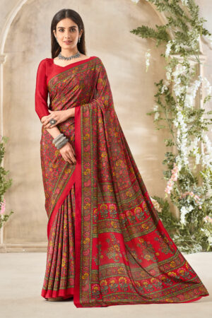 Magnificent Red Floral Print Silk Crepe Uniform Saree