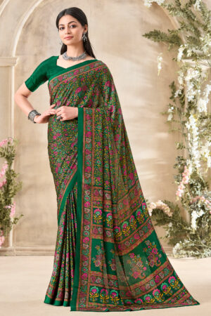 Artistic Green Floral Print Silk Crepe Uniform Saree
