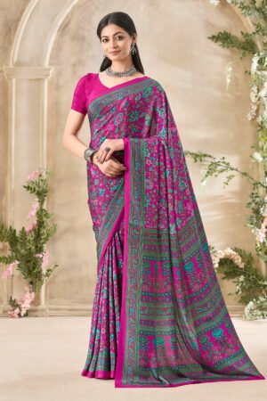 Fetching Magenta Floral Print Silk Crepe Uniform Saree