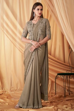 Attractive Beige Color Georgette Fabric Wedding Wear Saree With Designer Jacket