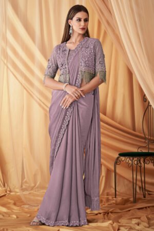 Gorgeous Lavender Color Georgette Fabric Wedding Wear Saree With Designer Jacket