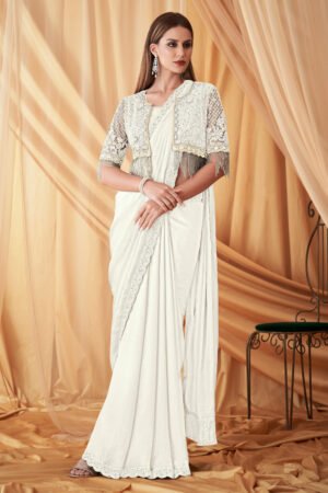 Pretty Off White Color Georgette Fabric Wedding Wear Saree With Designer Jacket