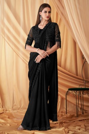 Beautiful Black Color Georgette Fabric Wedding Wear Saree With Designer Jacket