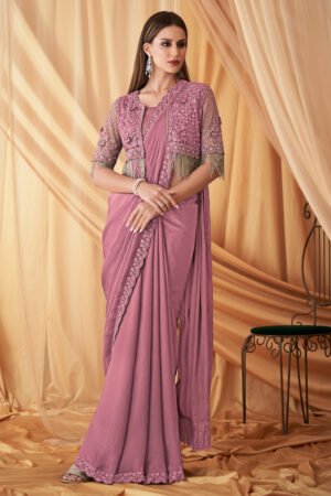 Glamorous Pink Color Georgette Fabric Wedding Wear Saree With Designer Jacket