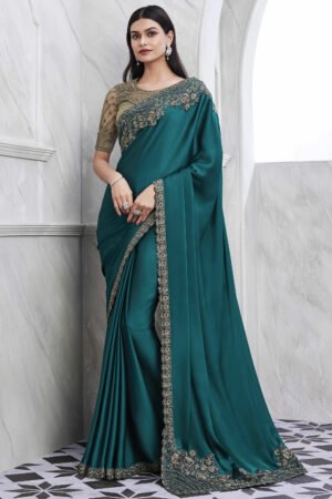 Art Silk Fabric Teal Color Pleasance Saree With Border Work