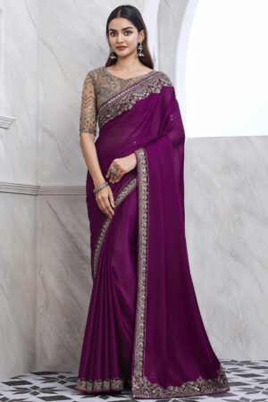 Incredible Border Work On Art Silk Fabric Purple Color Saree