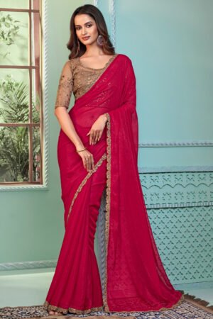 Entrancing Georgette Fabric Saree In Rani Color With Border Work