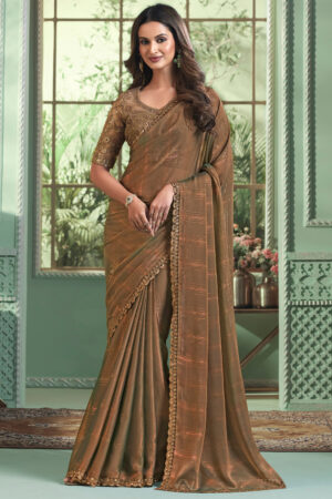 Mesmeric Brown Color Border Work On Saree In Georgette Fabric